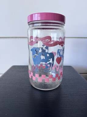 Vintage Glass Canister with Blue Cows and Pink Lid